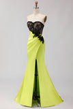 Black Green Strapless Mermaid Lace Appliqued Ruched Long Prom Dress with Slit