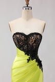 Black Green Strapless Mermaid Lace Appliqued Ruched Long Prom Dress with Slit