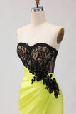 Black Green Strapless Mermaid Lace Appliqued Ruched Long Prom Dress with Slit