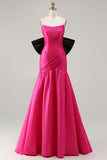 Strapless Fuchsia A Line Convertible Long Prom Dress with Bow