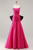 Strapless Fuchsia A Line Convertible Long Prom Dress with Bow
