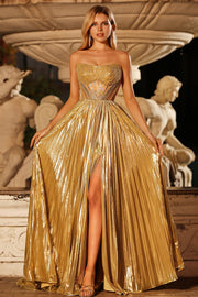 Strapless Metallic Golden A Line Beaded Corset Pleated Long Prom Dress with Slit
