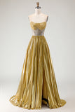 Metallic Golden A Line Strapless Beaded Corset Pleated Long Prom Dress with Slit