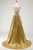Metallic Golden A Line Strapless Beaded Corset Pleated Long Prom Dress with Slit