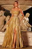 Strapless Metallic Golden A Line Beaded Corset Pleated Long Prom Dress with Slit