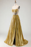 Metallic Golden A Line Strapless Beaded Corset Pleated Long Prom Dress with Slit