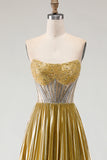 Metallic Golden A Line Strapless Beaded Corset Pleated Long Prom Dress with Slit