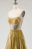 Metallic Golden A Line Strapless Beaded Corset Pleated Long Prom Dress with Slit