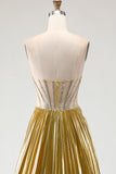 Metallic Golden A Line Strapless Beaded Corset Pleated Long Prom Dress with Slit