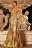 Strapless Metallic Golden A Line Beaded Corset Pleated Long Prom Dress with Slit