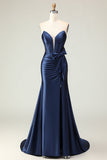 Navy Mermaid Strapless Corset Beaded Satin Long Prom Dress with Bow