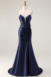 Navy Mermaid Strapless Ruched Corset Beaded Long Prom Dress with Slit