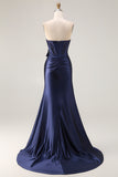Navy Mermaid Strapless Ruched Corset Beaded Long Prom Dress with Slit