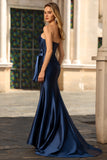Navy Mermaid Strapless Corset Beaded Satin Long Prom Dress with Bow