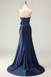 Navy Mermaid Strapless Corset Beaded Satin Long Prom Dress with Bow