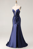 Navy Mermaid Strapless Ruched Corset Beaded Long Prom Dress with Slit