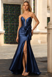 Navy Mermaid Strapless Corset Beaded Satin Long Prom Dress with Bow
