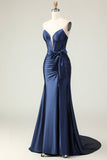 Navy Mermaid Strapless Ruched Corset Beaded Long Prom Dress with Slit