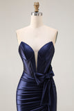 Navy Mermaid Strapless Ruched Corset Beaded Long Prom Dress with Slit