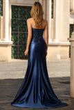 Navy Mermaid Strapless Corset Beaded Satin Long Prom Dress with Bow