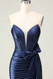 Navy Mermaid Strapless Ruched Corset Beaded Long Prom Dress with Slit