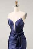 Navy Mermaid Strapless Ruched Corset Beaded Long Prom Dress with Slit