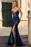 Navy Mermaid Strapless Corset Beaded Satin Long Prom Dress with Bow