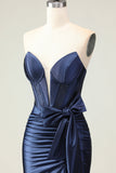 Navy Mermaid Strapless Ruched Corset Beaded Long Prom Dress with Slit