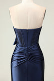 Navy Mermaid Strapless Ruched Corset Beaded Long Prom Dress with Slit
