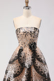 Sparkly Black Apricot A-Line Strapless Sequins Princess Long Prom Dress with Ruffles
