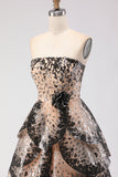 Sparkly Black Apricot A-Line Strapless Sequins Princess Long Prom Dress with Ruffles
