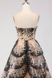 Sparkly Black Apricot A-Line Strapless Sequins Princess Long Prom Dress with Ruffles