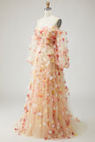 Champagne A-Line Strapless Convertible Ruched Tulle Long Prom Dress with 3D Flowers