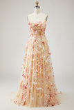 Champagne A-Line Strapless Convertible Ruched Tulle Long Prom Dress with 3D Flowers