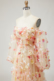 Champagne A-Line Strapless Convertible Ruched Tulle Long Prom Dress with 3D Flowers