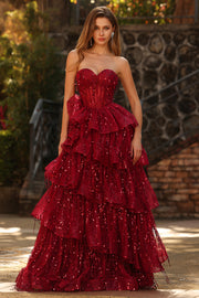 Sweetheart Sparkly Burgundy Princess Corset Sequin Long Prom Dress with Ruffles