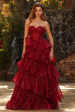 Sweetheart Sparkly Burgundy Princess Corset Sequin Long Prom Dress with Ruffles