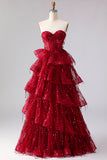 Sweetheart Sparkly Burgundy Princess Corset Sequin Long Prom Dress with Ruffles