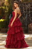 Sweetheart Sparkly Burgundy Princess Corset Sequin Long Prom Dress with Ruffles