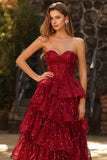 Sweetheart Sparkly Burgundy Princess Corset Sequin Long Prom Dress with Ruffles