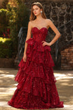 Sweetheart Sparkly Burgundy Princess Corset Sequin Long Prom Dress with Ruffles
