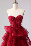 Sparkly Burgundy Sweetheart Princess Corset Sequin Long Prom Dress with Ruffles