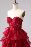 Sparkly Burgundy Sweetheart Princess Corset Sequin Long Prom Dress with Ruffles