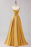 Golden A Line Beaded Strapless Corset Satin Long Prom Dress