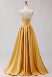 Golden A Line Beaded Strapless Corset Satin Long Prom Dress