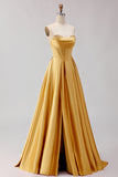 Golden A Line Beaded Strapless Corset Satin Long Prom Dress