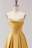 Golden A Line Beaded Strapless Corset Satin Long Prom Dress