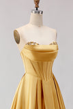 Golden A Line Beaded Strapless Corset Satin Long Prom Dress
