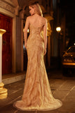 Sparkly Golden Mermaid Sweetheart Beaded Long Prom Dress with Slit