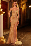 Sparkly Golden Mermaid Sweetheart Beaded Long Prom Dress with Slit
